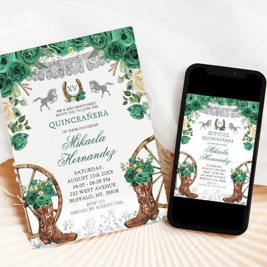 Silver Western Green Hunter Horse Quinceanera Einladung