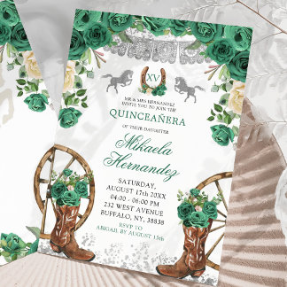 Silver Western Green Hunter Horse Quinceanera Einladung
