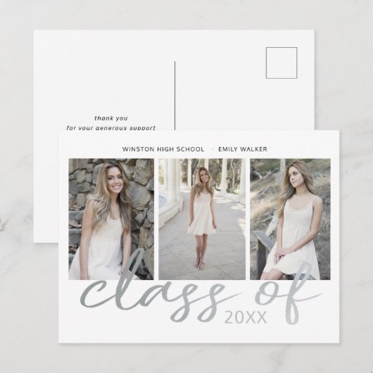 Silver Whimsical Script Foto Abschluss Ankündigungspostkarte (Vorne/Hinten)