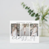 Silver Whimsical Script Foto Abschluss Ankündigungspostkarte (Stehend Vorderseite)