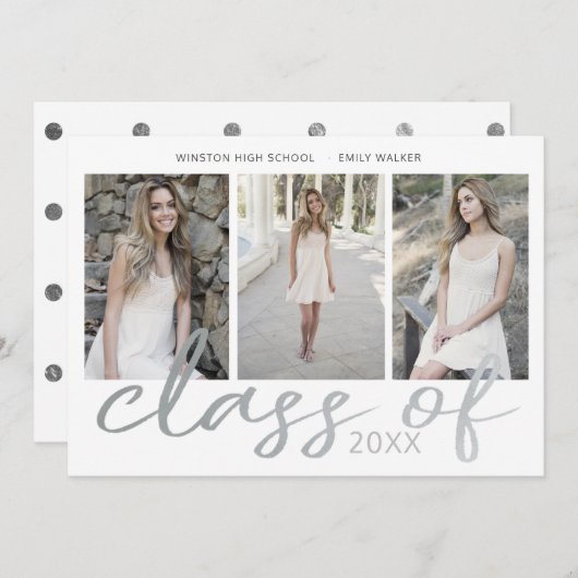 Silver Whimsical Script Foto Abschluss Card Save The Date (Vorne/Hinten)