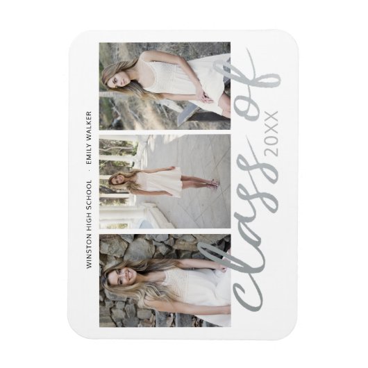 Silver Whimsical Script Foto Abschluss Magnet (Vertikal)