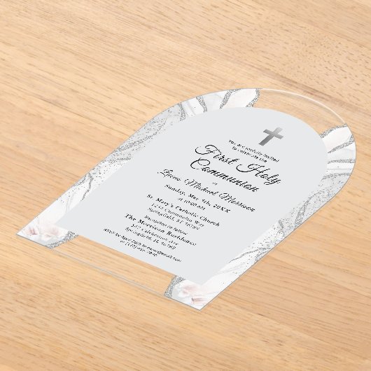 Silver White Agate First Heilige Kommunion Boy Acryleinladungen (Ablage )