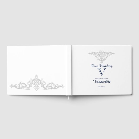Silver White and Navy Damask Wedding Guest Book Gästebuch (Voll)