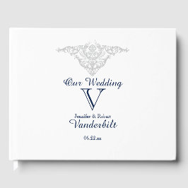 Silver White and Navy Damask Wedding Guest Book Gästebuch
