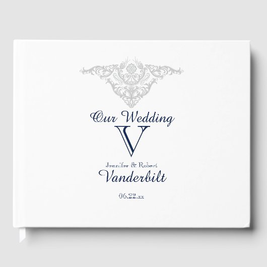 Silver White and Navy Damask Wedding Guest Book Gästebuch (Vorderseite)