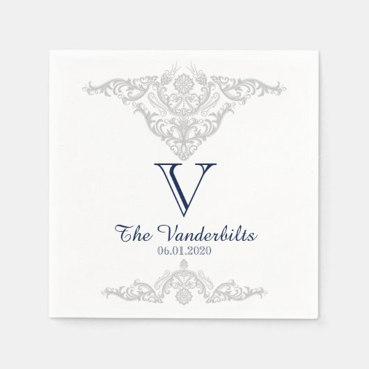 Silver White and Navy Damask Wedkin Napkin Serviette (Vorderseite)