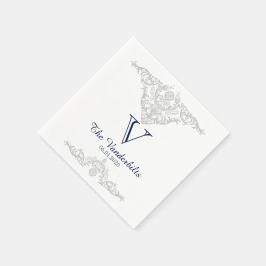 Silver White and Navy Damask Wedkin Napkin Serviette (Ecke)