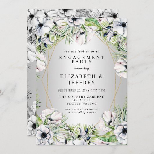 Silver White Anemone Gold Engagement Party Einladung (Vorne/Hinten)