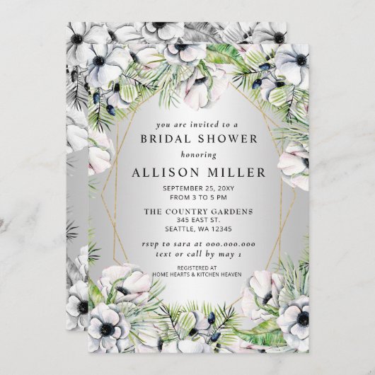 Silver White Anemone Gold Geometric Brautparty Einladung (Vorne/Hinten)