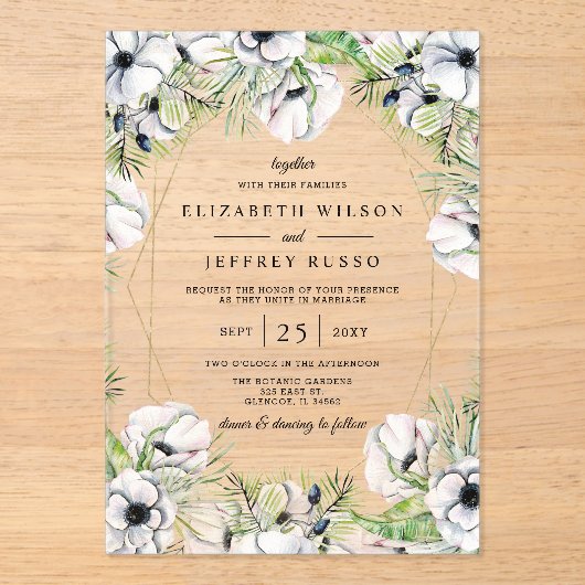 Silver White Anemone Gold Geometric Wedding Acryleinladungen (Vorderseite)