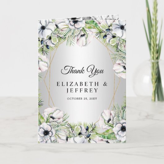 Silver White Anemone Gold Geometric Wedding Dankeskarte (Vorderseite)