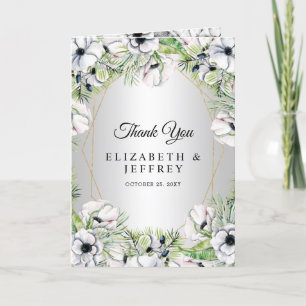 Silver White Anemone Gold Geometric Wedding Dankeskarte