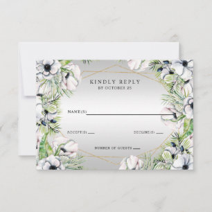 Silver White Anemone Gold Geometric Wedding RSVP Karte