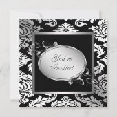 Silver White Black Damask Party Einladung (Vorderseite)