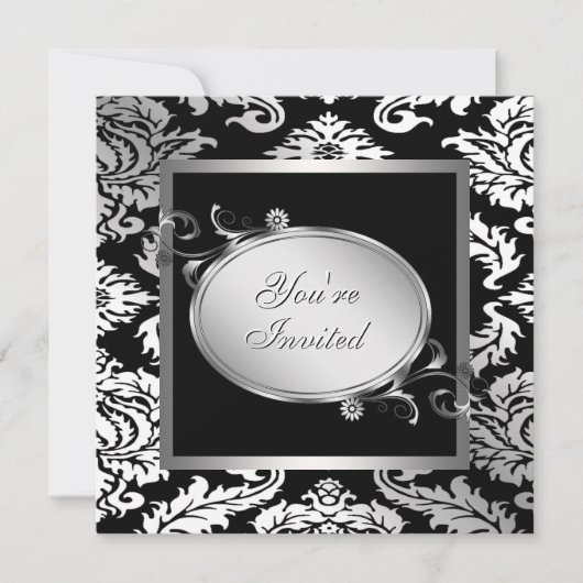 Silver White Black Damask Party Einladung (Vorderseite)