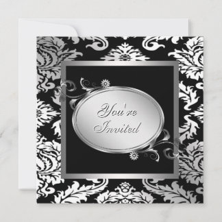 Silver White Black Damask Party Einladung