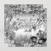 Silver White Black Masquerade & Winter Snowflakes Einladung (Vorne/Hinten)