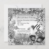 Silver White Black Masquerade & Winter Snowflakes Einladung (Rückseite)