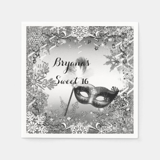 Silver White Black Masquerade & Winter Snowflakes Serviette (Vorderseite)