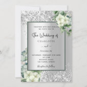 Silver White Bloral eucalyptus elegante Hochzeit Einladung (Vorderseite)