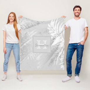 Silver white botanic pattern monogram fleecedecke