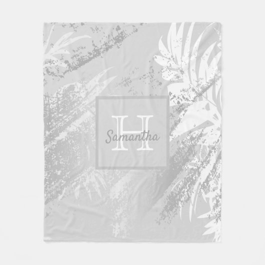 Silver white botanic pattern monogram fleecedecke (Vorderseite)