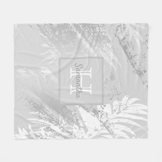 Silver white botanic pattern monogram fleecedecke (Vorderseite (Horizontal))