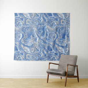 Silver White Bright Blue Marmormuster Wandteppich