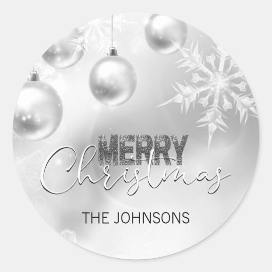 Silver White Christmas Snowflake Snow Baubles Runder Aufkleber (Vorderseite)