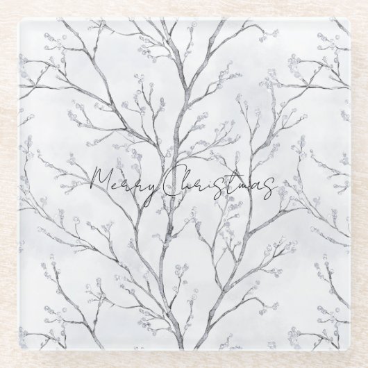 Silver White Christmas Winter Trees Glasuntersetzer (Vorderseite)