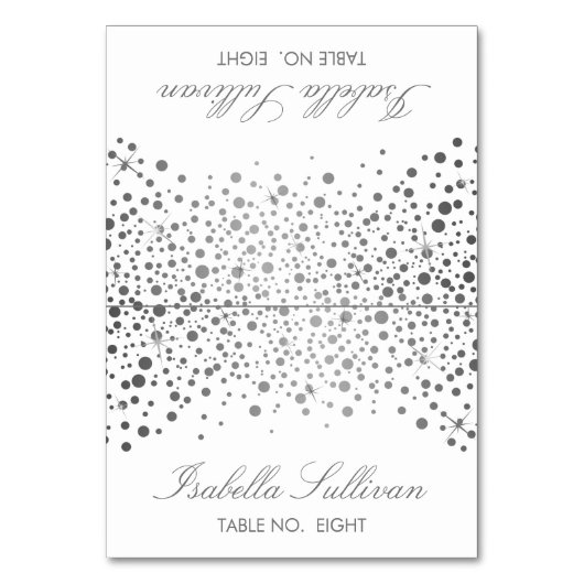 Silver & White Confetti Dots | Name Platzkarten Tischnummer (Vorderseite)