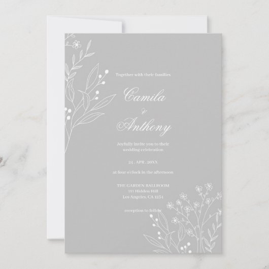 Silver White Corner Floral Boho Wedding Einladung (Vorderseite)