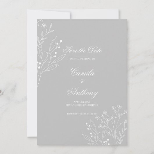 Silver White Corner Floral Boho Wedding Einladung (Vorderseite)
