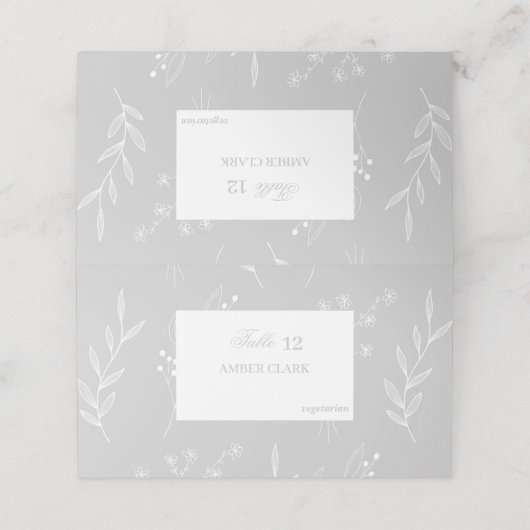 Silver White Corner Floral Boho Wedding Platzkarte (Außenseite Aufgefaltet)
