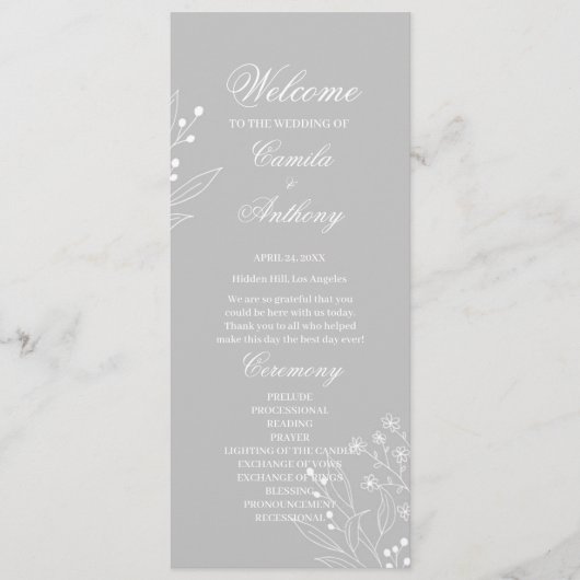 Silver White Corner Floral Boho Wedding Programm (Vorderseite)