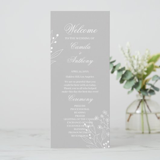 Silver White Corner Floral Boho Wedding Programm (Stehend Vorderseite)