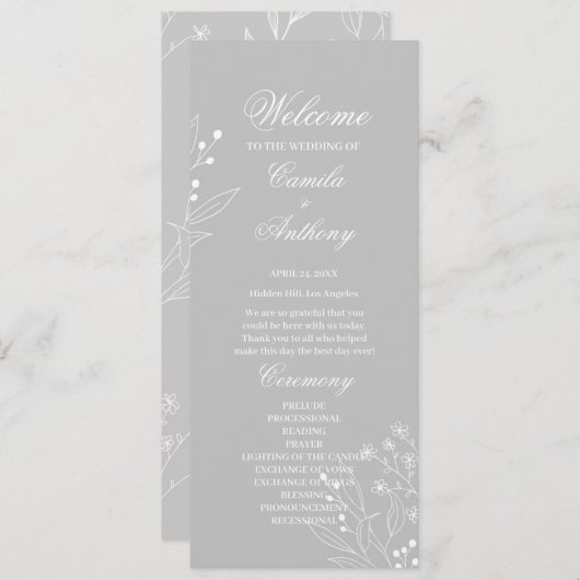 Silver White Corner Floral Boho Wedding Programm (Vorne/Hinten)
