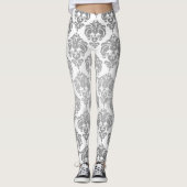 Silver & White Damask Chic Modernes, elegantes Mus Leggings (Vorderseite)