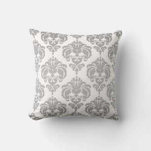 Silver & White Damask Modernes, elegantes Muster Kissen