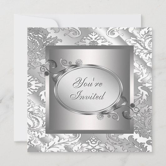 Silver White Damask Party Einladung (Vorderseite)