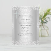 Silver White Damask Taufen/Christening Einladung (Stehend Vorderseite)