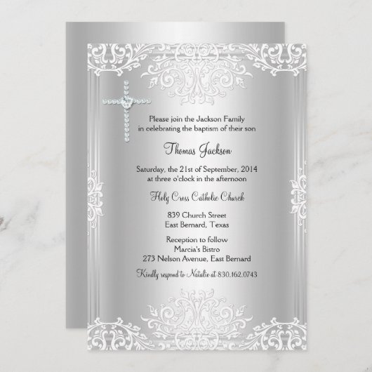Silver White Damask Taufen/Christening Einladung (Vorne/Hinten)