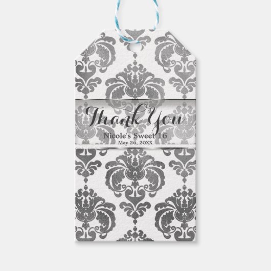 Silver & White Damask Vintage Wedding Event Gefall Geschenkanhänger (Vorderseite)