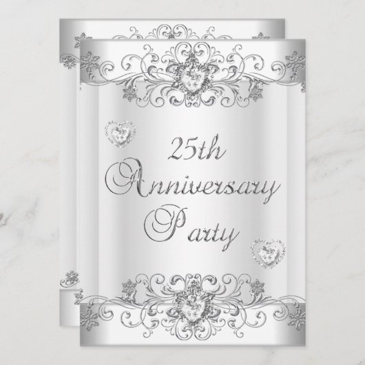 Silver White Diamond Hearts zum 25. Jubiläum Einladung (Vorne/Hinten)