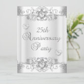 Silver White Diamond Hearts zum 25. Jubiläum Einladung (Stehend Vorderseite)