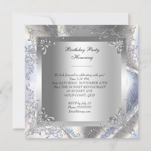 Silver White Dress High Heel Shoes Silver Birthday Einladung (Rückseite)