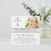 Silver White First Heilige Kommunion Foto Einladun Einladung (Stehend Vorderseite)