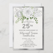 Silver White Floral 25. Hochzeitstag Einladung (Vorderseite)