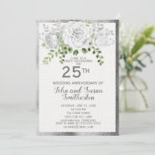 Silver White Floral 25. Hochzeitstag Einladung (Stehend Vorderseite)